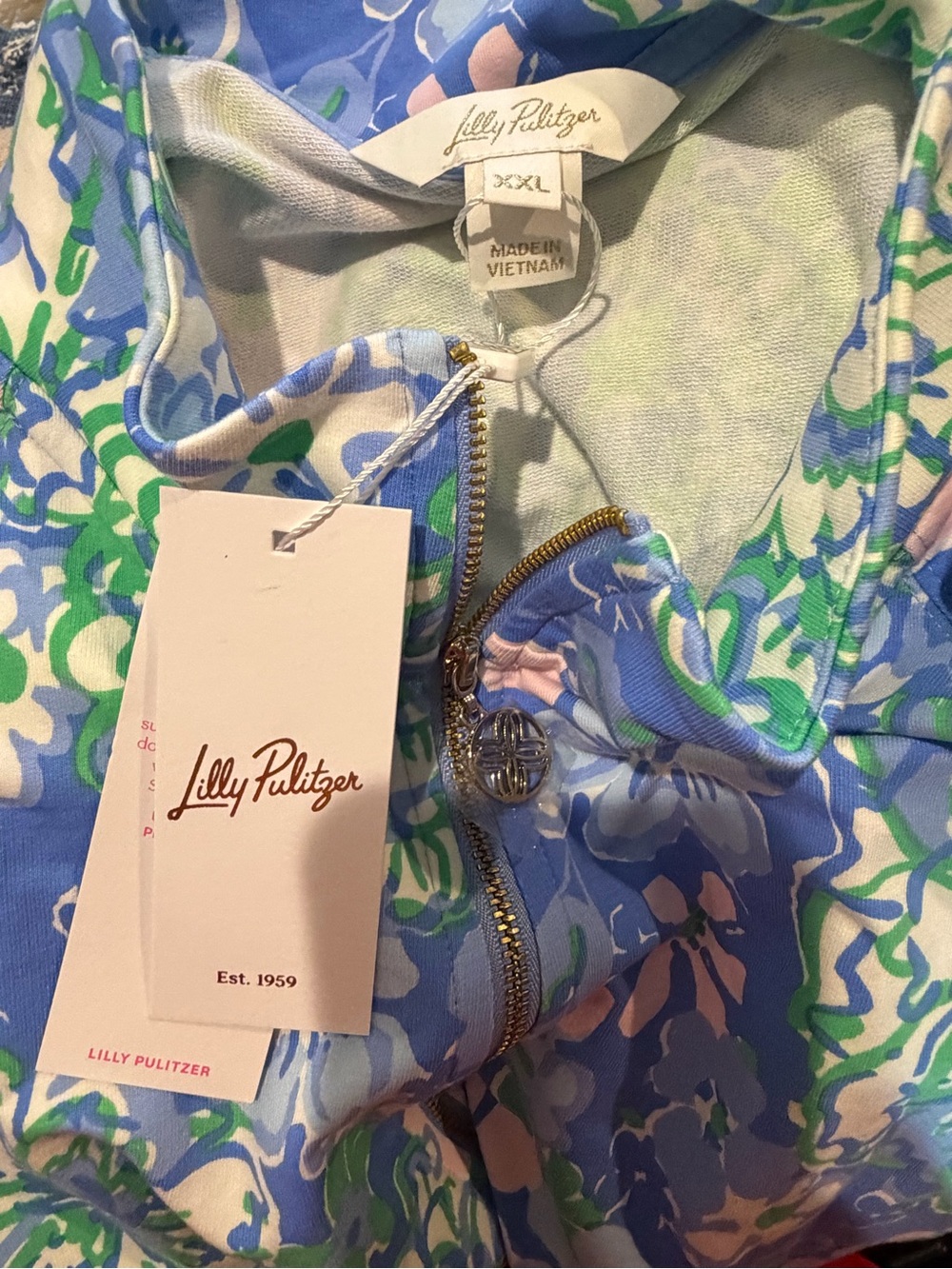 Lilly Pulitzer Blue Floral Zip Pullover with Pink and Green Accents - Picture 4 of 5